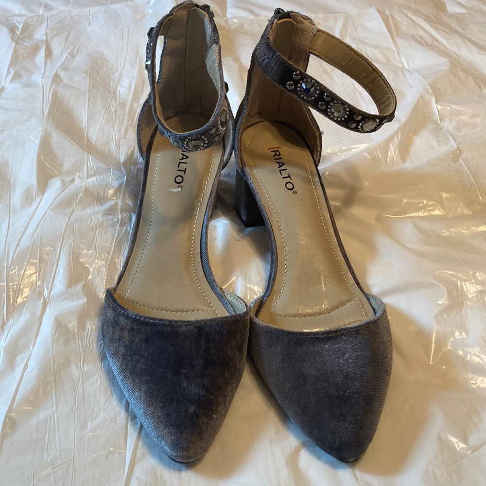 Rialto grey velvet beaded ankle strap heels 8M